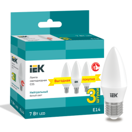 LLE-C35-07-230-40-E14-3 | Лампа LED C35 свеча 7Вт 230В 4000К E14 (3шт/упак) IEK
