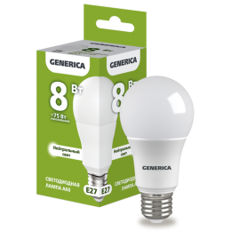 LL-A60-08-230-40-E27-G | Лампа LED A60 груша 8Вт 230В 4000К E27 GENERICA
